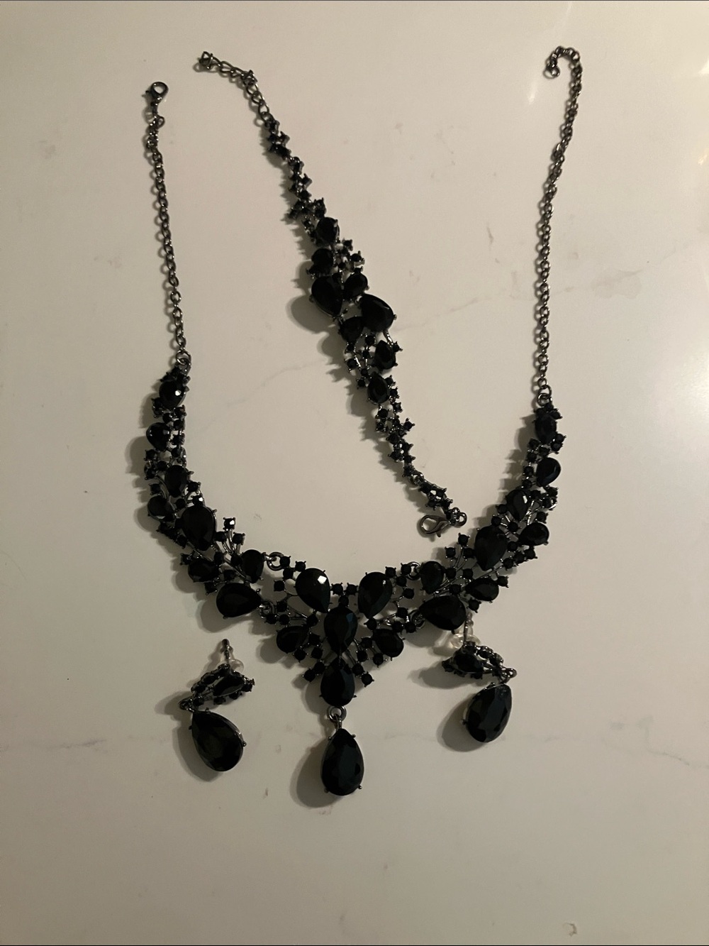 Black Crystal Bib Necklace with Matching Drop Earrings - Unbranded
